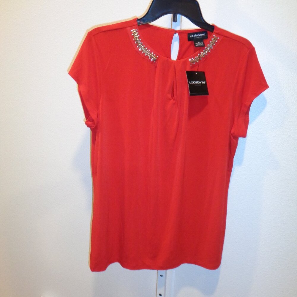 Liz Claiborne Women's Top Embellished Neckline Size Medium NWT Red Short Sleeve